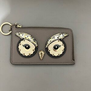 Kate Spade Owl Card Holder Key Pouch Wallet Brown Leather Zip Coin Purse
